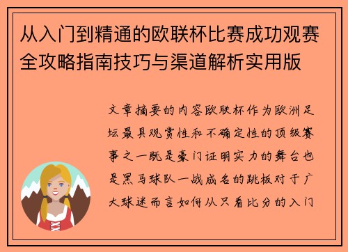 从入门到精通的欧联杯比赛成功观赛全攻略指南技巧与渠道解析实用版